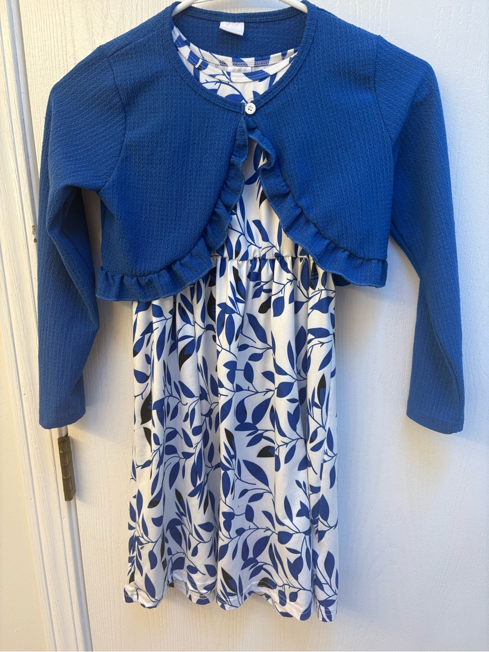 Source Unknown Blue Leaf Print Dress with Blue Bolero